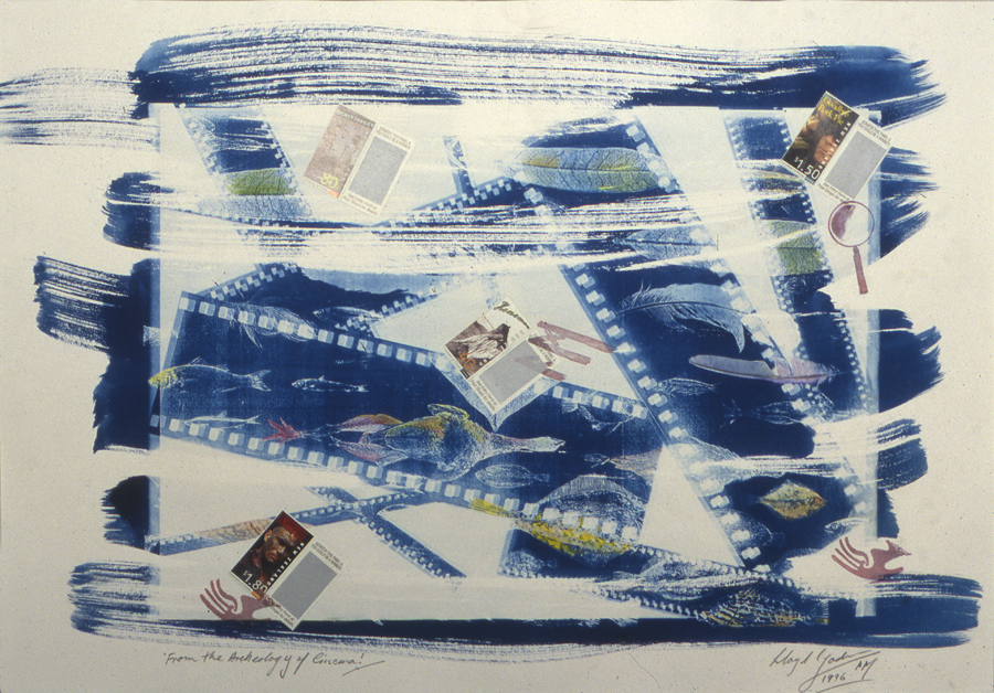 Archaeology of Cinema, 1996 Hand coloured Cyanotype with postage stamps, Lloyd Godman