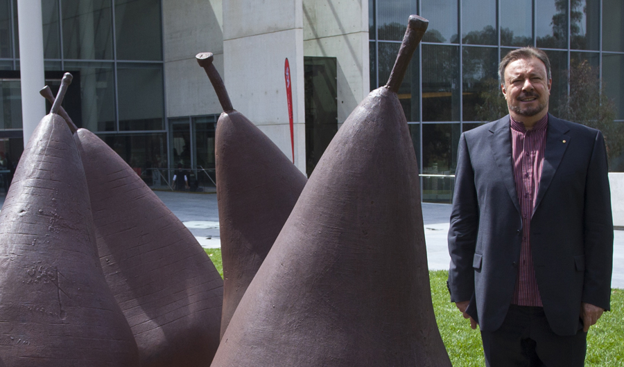 Ron Radford and the Baldessin Pears, entrance to the National Gallery of Australia