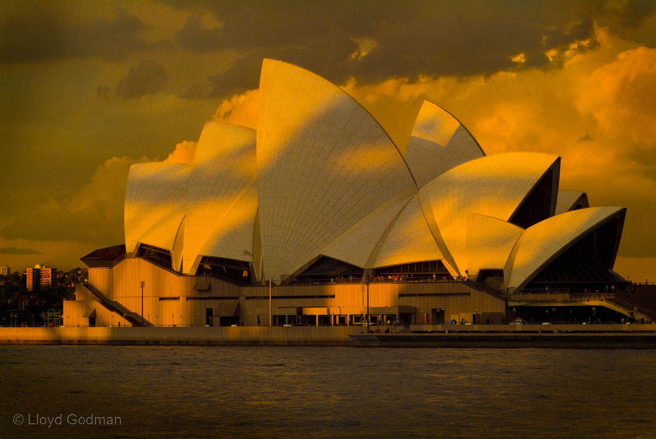 Sydney Opera House with the shadow of the Harbor bridge on it at sun set, Sydney, Australia 