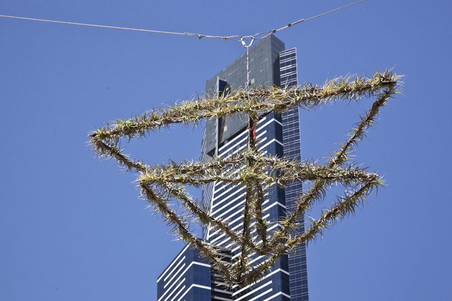 Airborne project - first installation of rotating air garden at Les Erdi Plaza, Northbank, 9 Feb 29 2013, with Melbourne's tallest building Eureka tower in the background, Lloyd Godman