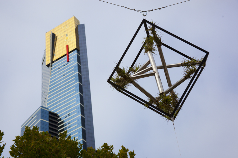 Expanding Dimension, rotating air garden installed March 30 2012, Airborne project - second installation of rotating air gardens at Les Erdi Plaza, Northbank, Melbourne, Artist Lloyd Godman